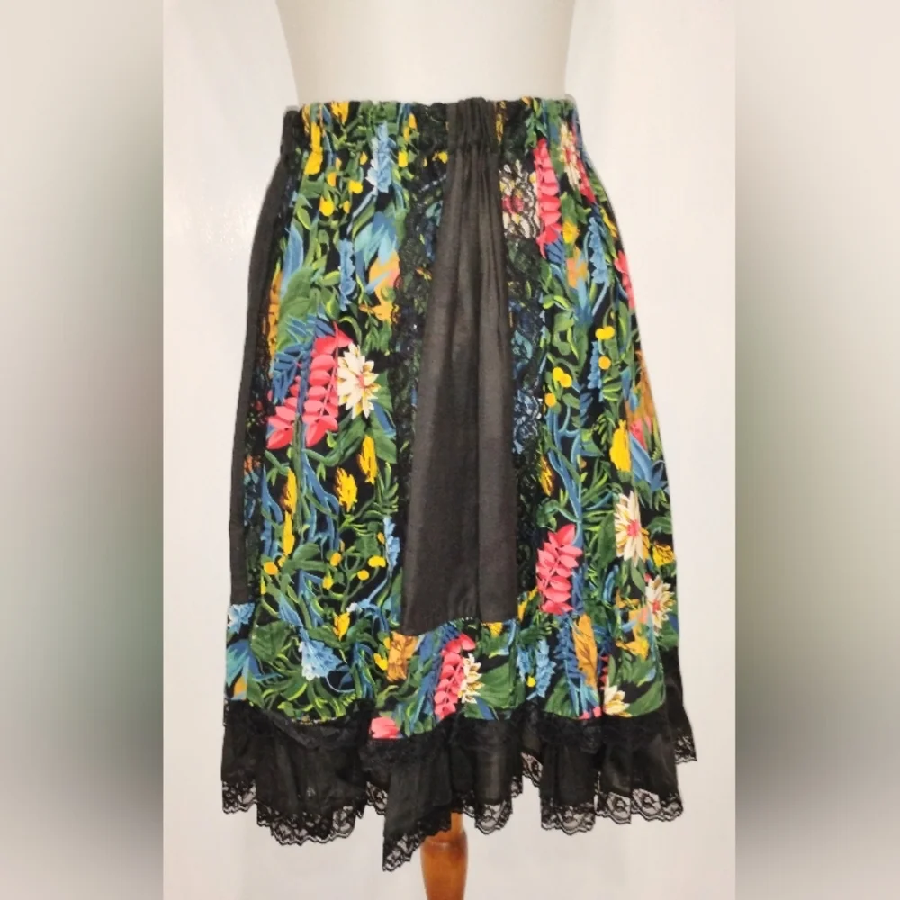 Vintage Black Floral A-Line Skirt with Pink, Yellow & Blue Flowers - Picture 1 of 7